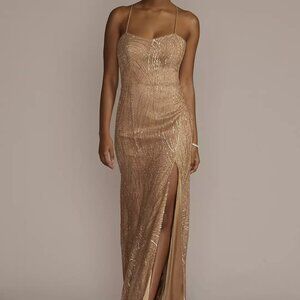 Gold metallic sequined sheath with slit (dress)